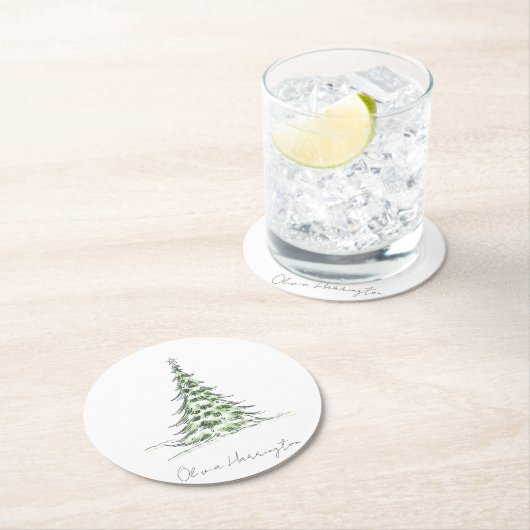 Schets Pine Kerstboom Minimale scriptnaam Ronde Kartonnen Onderzetter (Insitu)