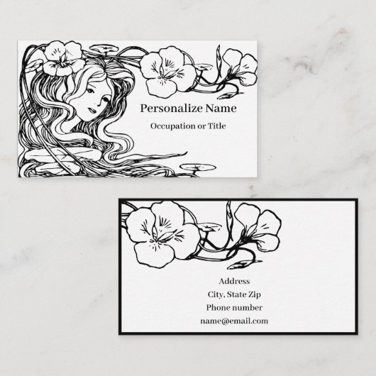 Schets tekening van mooie vrouw vloeiend haar visitekaartje (Voorkant / Achterkant)