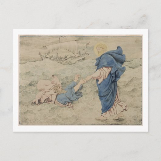 Schets van Christus die op water loopt (w/c op pap Briefkaart (Voorkant)