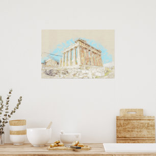 Schets van de Acropolis Hill in Athene, Griekenlan Poster