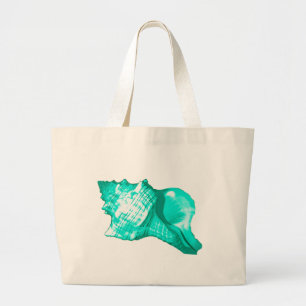 Schets van de schelp van de kegel - turquoise, wit grote tote bag