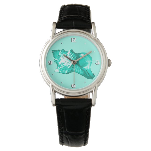 Schets van de schelp van de kegel - turquoise, wit horloge (Voorkant)