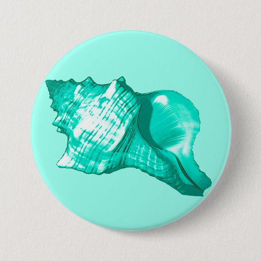 Schets van de schelp van de kegel - turquoise, wit ronde button 7,6 cm (Voorkant)