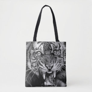 Schets van een wilde tijger in zwart-wit, witzwart tote bag