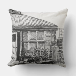 Schets van hond in de tuin met planten en hekwerk kussen