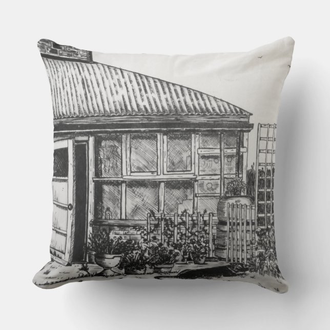 Schets van hond in de tuin met planten en hekwerk kussen (Voorkant)