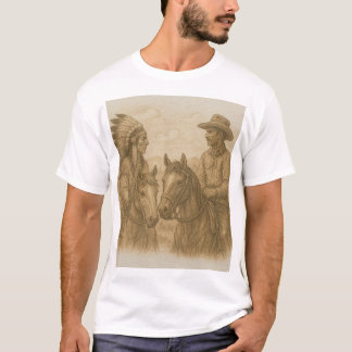 Schets van Indische en Cowboy op paarden T-shirt