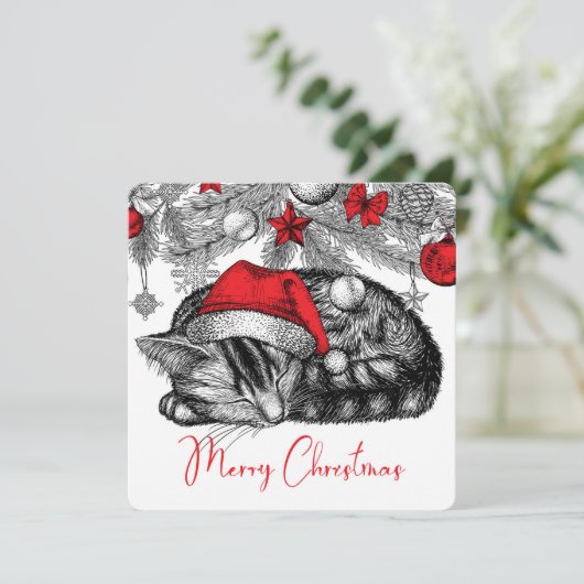Schets van Kitten Onder Kerstboom Ornamenten Feestdagenkaart (Staand voorkant)