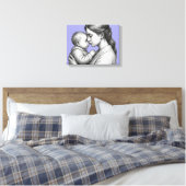 schets van moeder en baby op blauwe achtergrond canvas afdruk (Insitu (Slaapkamer))