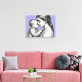 schets van moeder en baby op blauwe achtergrond canvas afdruk (Insitu (Woonkamer))
