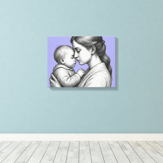 schets van moeder en baby op blauwe achtergrond canvas afdruk (Insitu (Houten vloer))