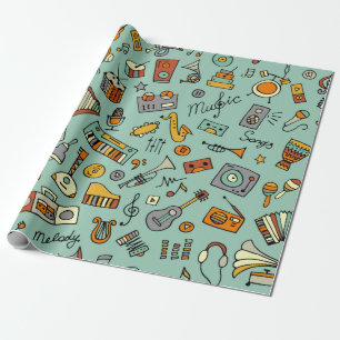 Schets van muziekinstrumenten, naadloos patroon cadeaupapier