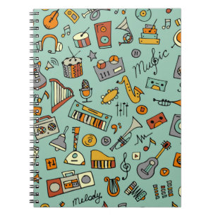 Schets van muziekinstrumenten, naadloos patroon notitieboek