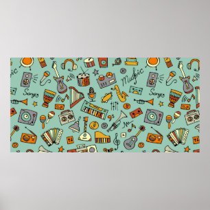 Schets van muziekinstrumenten, naadloos patroon poster