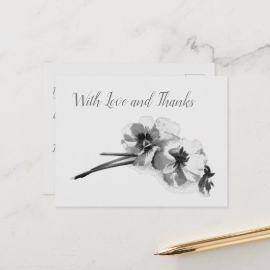 schets van pansies met liefde en Bedankt Briefkaart (Voorkant / Achterkant in situ)