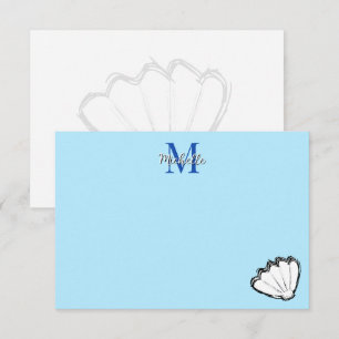 Schets van schelpen wit en blauwe monogram notitiekaartje