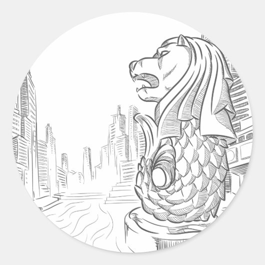 Schets van Singapore Toerisme Landmark - Merlion Ronde Sticker (Voorkant)