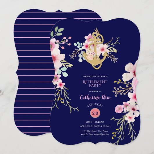 Schets Verjaardagsuitnodiging Nautische Navy Blauw Kaart (Voorkant / Achterkant)