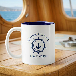 Schets Welkom Aan Boord Boot Naam Anker Touw Roer Tweekleurige Koffiemok