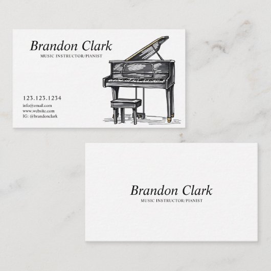 Schets zwart-witte piano met bank visitekaartje (Voorkant / Achterkant)