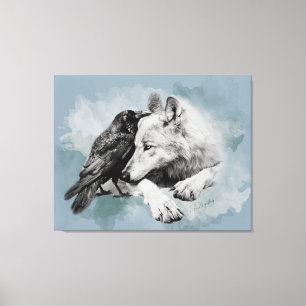 Schets Zwarte en Witte Wolf en Kraai Canvas Afdruk