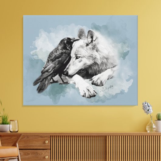 Schets Zwarte en Witte Wolf en Kraai Canvas Afdruk (Insitu (Woonkamer))