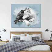 Schets Zwarte en Witte Wolf en Kraai Canvas Afdruk (Insitu (Slaapkamer))