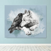 Schets Zwarte en Witte Wolf en Kraai Canvas Afdruk (Insitu (Houten vloer))
