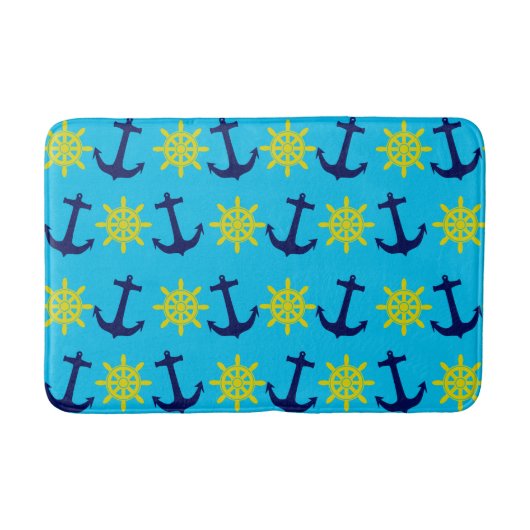 Schetsanker en wielpatroon op aquablauw badmat (Voorkant)
