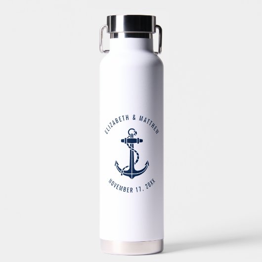 Schetsanker Huwelijk Navy Blauwe Strand Bruiloft Waterfles (Voorkant)