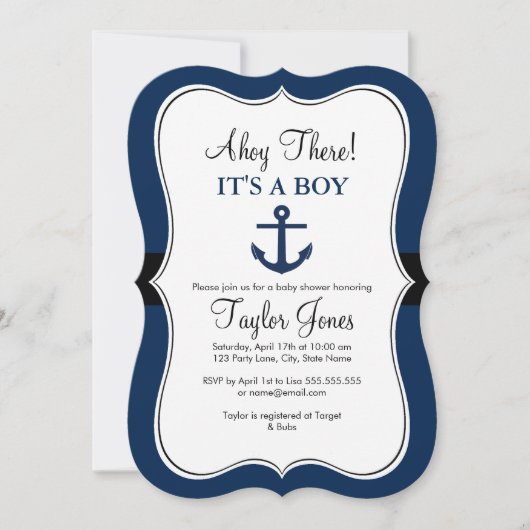 Schetsanker Marine Baby Shower Uitnodiging (Voorkant)