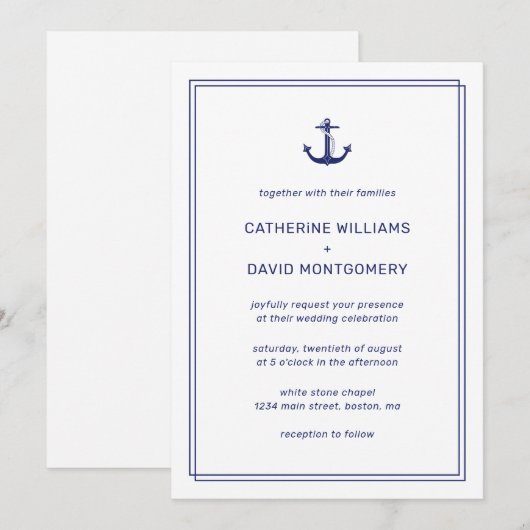 Schetsanker Marine & Wit Minimalistische Trouwdag Kaart (Voorkant / Achterkant)