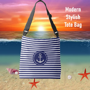 Schetsanker op blauw en wit gestreept crossbody tas