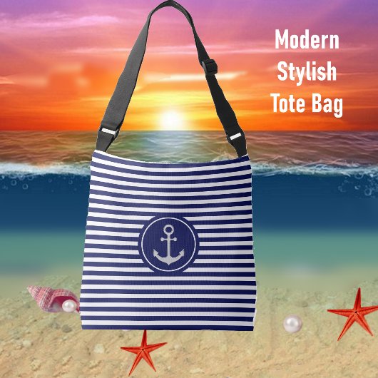 Schetsanker op blauw en wit gestreept crossbody tas