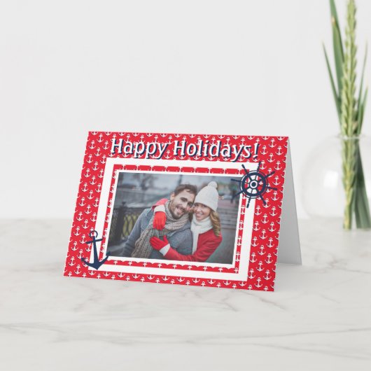 Schetsanker & scheepswiel aangepaste foto & tekst feestdagen kaart (Voorkant)