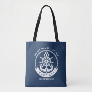 Schetsanker, stuurwiel, marineblauw tote bag