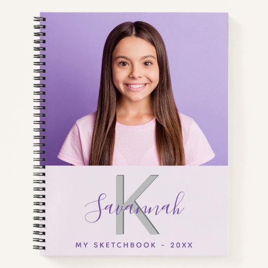 Schetsboek aangepaste foto lavendel monogram notitieboek (Voorkant)