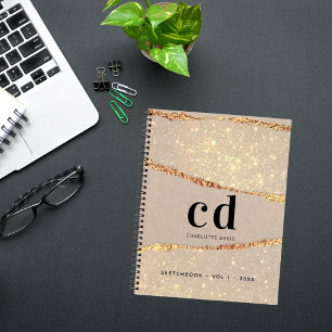 Schetsboek beige gouden agaat marmer monogram notitieboek