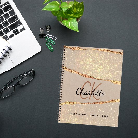 Schetsboek beige gouden agaat marmer monogram notitieboek