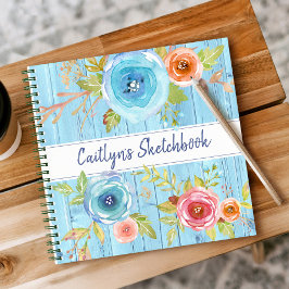 Schetsboek blauwe houten waterverf bloem schrift n notitieboek