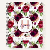 Schetsboek bordeaux bloemen monogram notitieboek (Voorkant)
