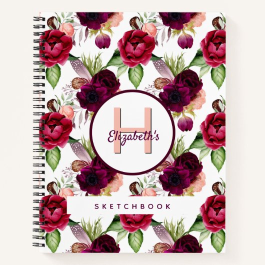 Schetsboek bordeaux bloemen monogram notitieboek (Voorkant)
