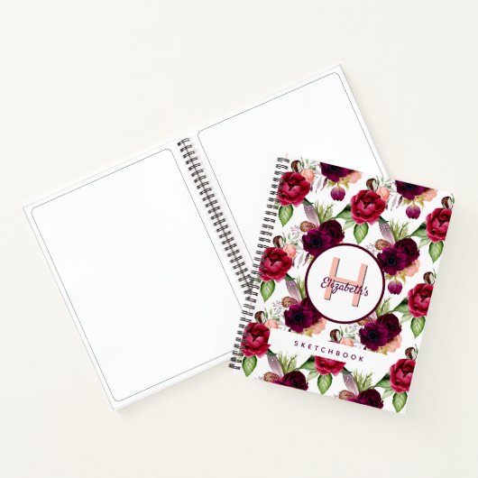 Schetsboek bordeaux bloemen monogram notitieboek (Binnen)
