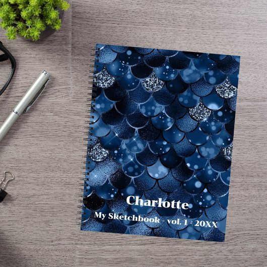 Schetsboek donkerblauwe zeemeermin schalen naam notitieboek