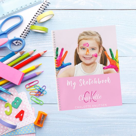 Schetsboek foto roze monogram naam notitieboek