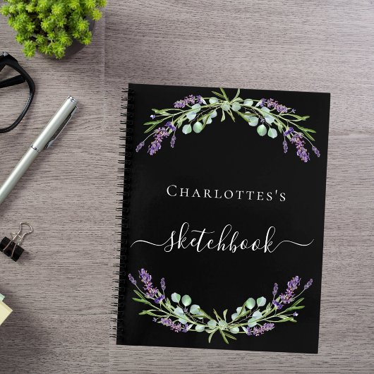 Schetsboek lavendel groen violette bloemen zwart notitieboek