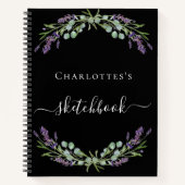 Schetsboek lavendel groen violette bloemen zwart notitieboek (Voorkant)