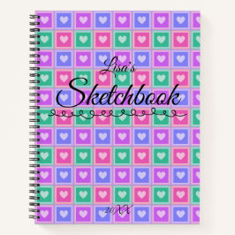Schetsboek met pastelgekleurde vierkanten en harte notitieboek