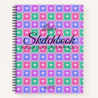 Schetsboek met pastelgekleurde vierkanten en harte notitieboek