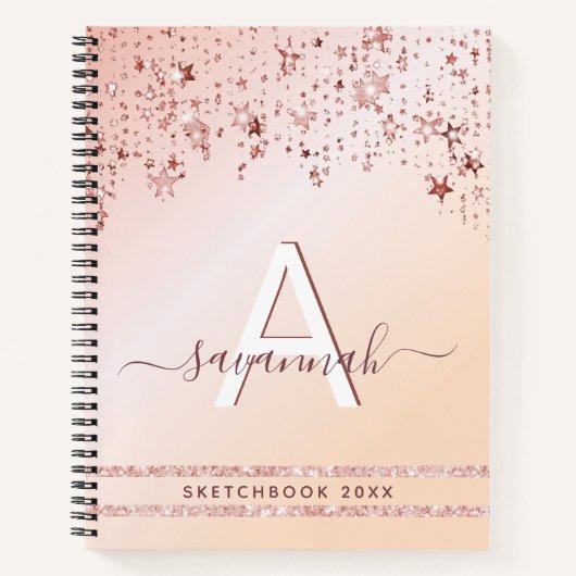 Schetsboek monogram roos goud roze sterren notitieboek (Voorkant)